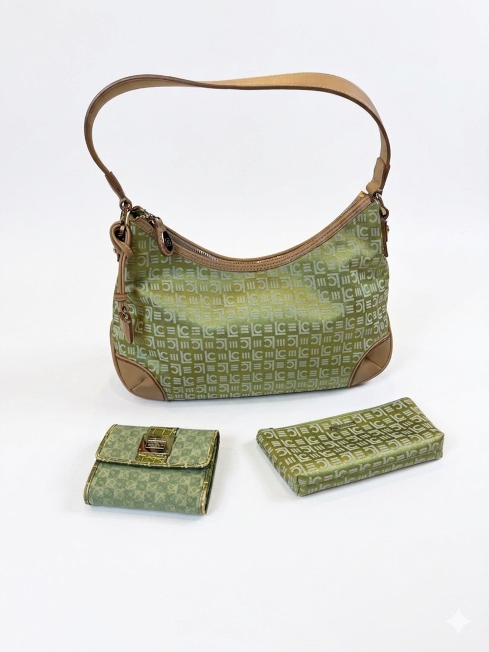 VTG Liz Claiborne Lime Green Monogram 3-Pc Set Bag & Wallets 🍀 Y2K Retro